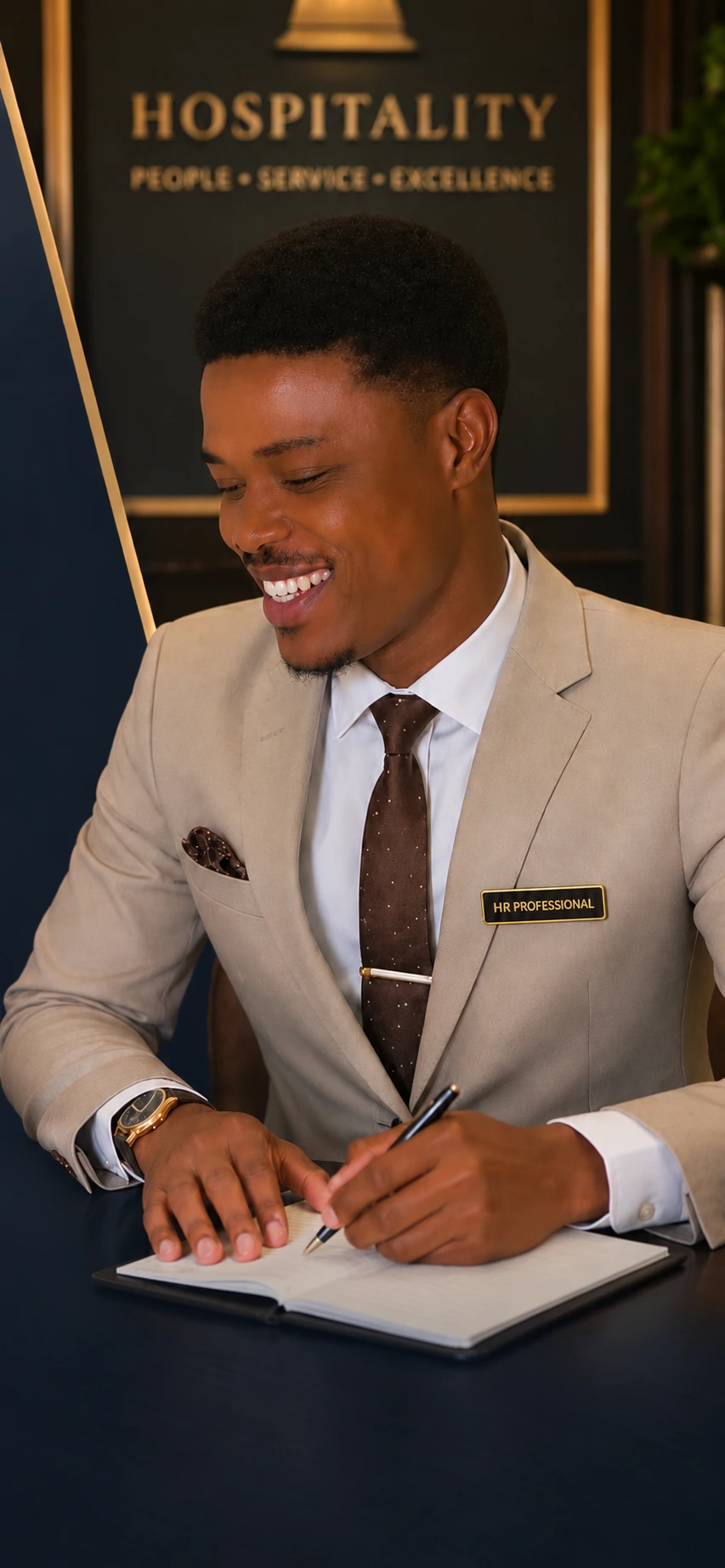 Odiamehi, ZS. smiling while writing at his desk, facing left